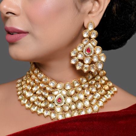 Royal Mirror Stone Bridal Choker Necklace Set with Earrings and Maang Tikka